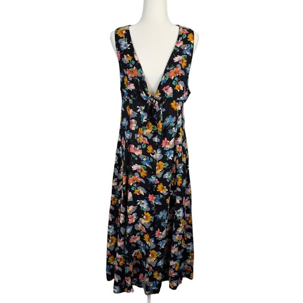 VTG Black Multicolor Floral Maxi Dress Deep Plunge VTG Size 14/est 10 Cottage